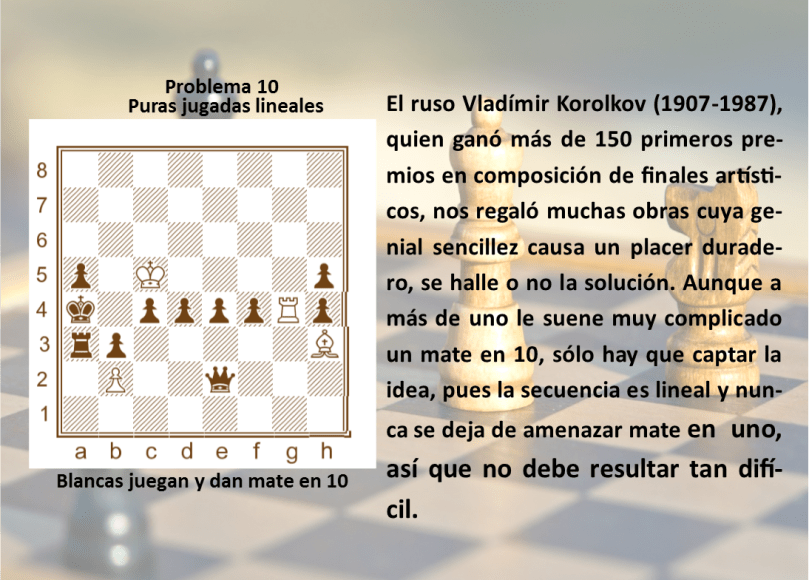 El ruso Vladímir Korolkov (1907-1987), quien ganó más de 150 primeros premios en composición de finales artísticos, nos regaló muchas obras cuya genial sencillez causa un placer duradero, se halle o no la solución. Aunque a más de uno le suene muy complicado un mate en 10, sólo hay que captar la idea, pues la secuencia es lineal y nunca se deja de amenazar mate en uno, así que no debe resultar tan difícil.