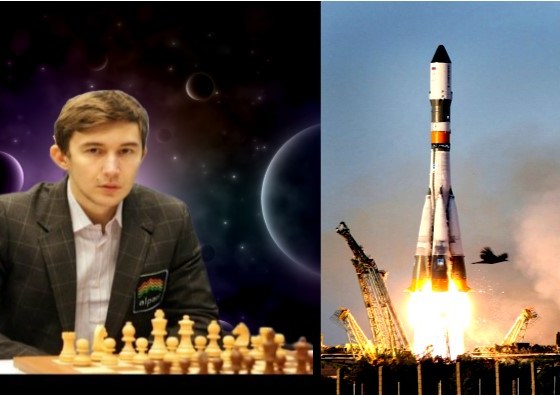 Sergey Karjakin jugando con un astronauta de la Estación Espacial ISS
