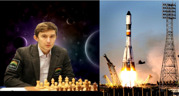 Sergey Karjakin jugando con un astronauta de la Estación Espacial ISS
