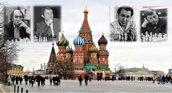 Mikhail Tal, Boris Spassky, Tigrán Petrosián y Anatoly Kárpov